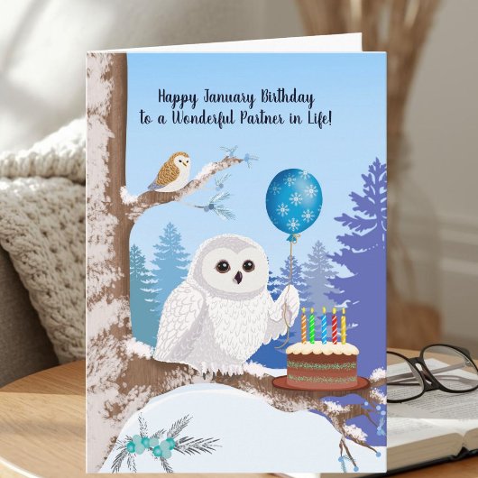 Life Partner Happy January Birthday Snowy Owl Karte