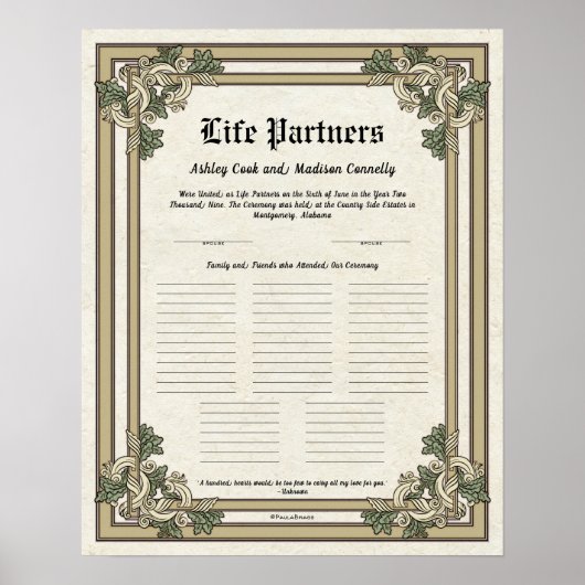 "Life Partners" Gastregister Hochzeitzertifikat Poster (Vorne)
