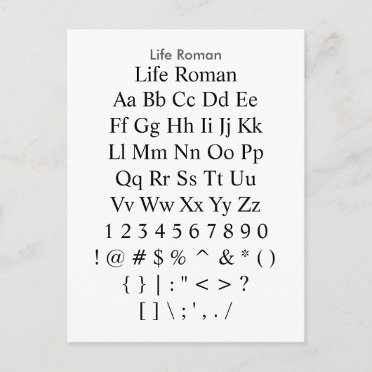 Life Roman - Zazzle Schriftart Sampler Sheet Postkarte (Vorderseite)