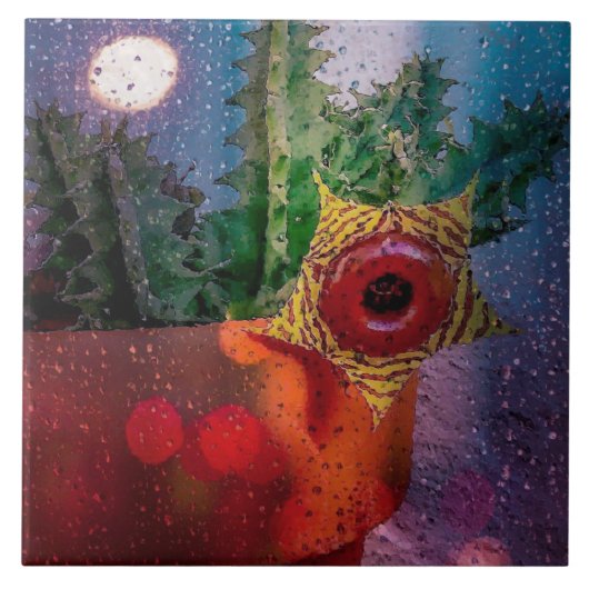 Lifesaver Cactus through a Rainy Window Fliese (Vorderseite)