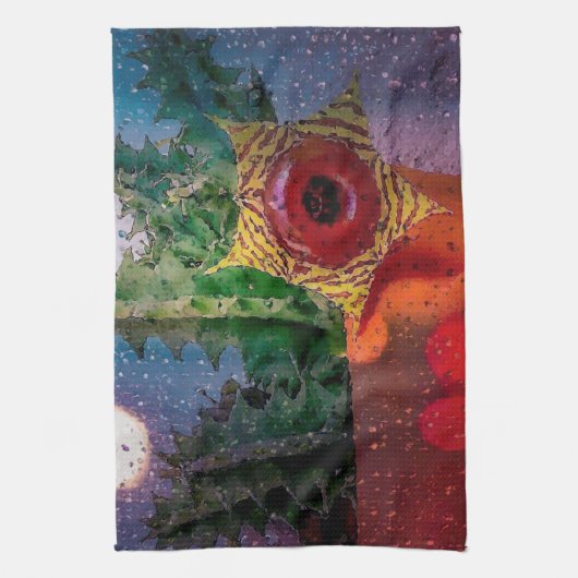 Lifesaver Cactus through a Rainy Window Geschirrtuch (Vertikal)