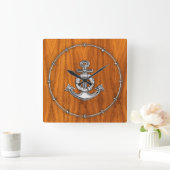 Lifesaver Chrome Anchor auf Teak Veneer Stile Quadratische Wanduhr (Zuhause)
