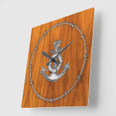 Lifesaver Chrome Anchor auf Teak Veneer Stile Quadratische Wanduhr (Winkel)