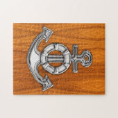 Lifesaver Chrome Like Anchor on Teak Veneer Puzzle (Horizontal)