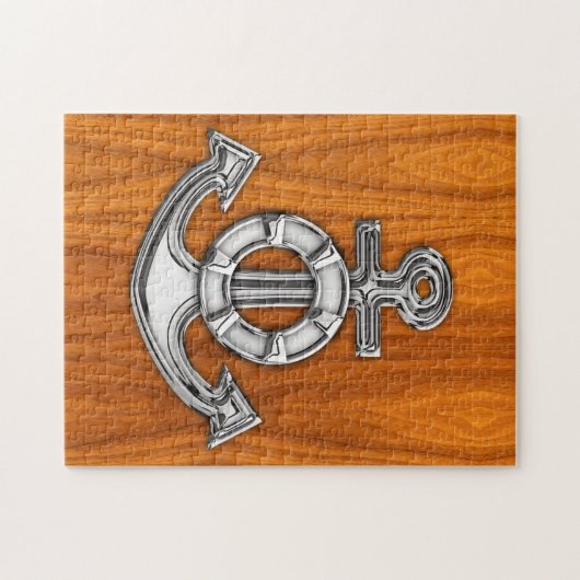 Lifesaver Chrome Like Anchor on Teak Veneer Puzzle (Horizontal)