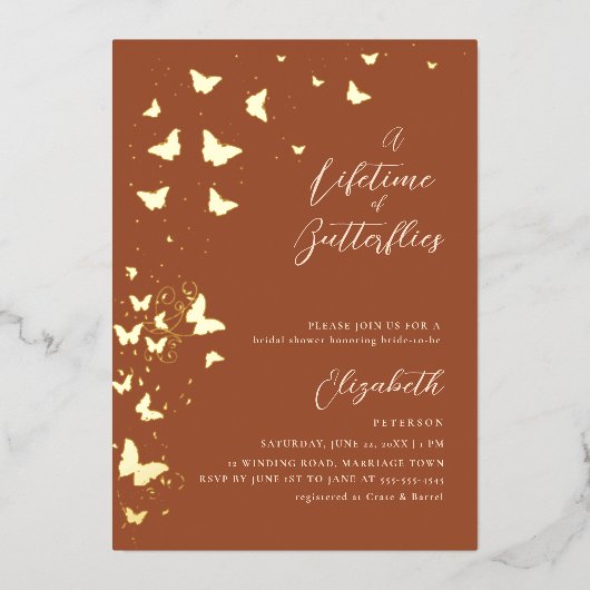 Lifetime Butterfets Terracotta Gold Brautparty Folieneinladung (Vorderseite)