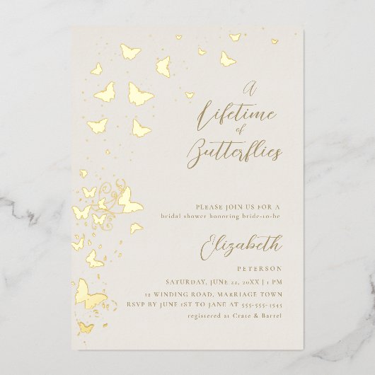 Lifetime Butterfliegen Ivory Gold Chic Brautparty Folieneinladung (Vorderseite)