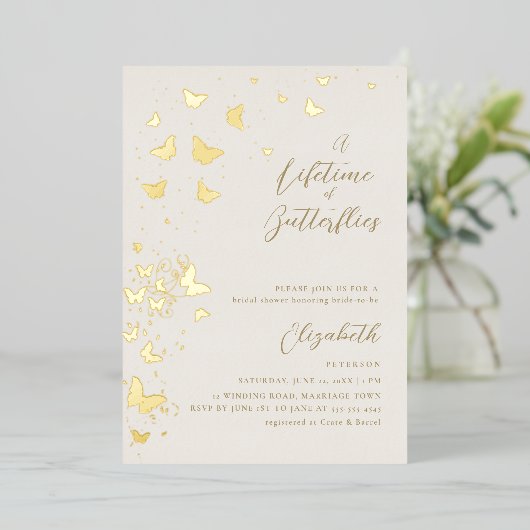 Lifetime Butterfliegen Ivory Gold Chic Brautparty Folieneinladung (Stehend vorne)