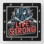 Lift Heavy Live Strong Barbell Quadratische Wanduhr (Vorderseite)