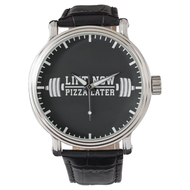 Lift Now, Pizza Spater, Barbell - Funny Novelty Gy Armbanduhr (Vorderseite)