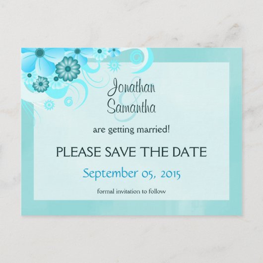 Light Aqua Blue Floral Wedding Save the Date Cards Ankündigungspostkarte (Rückseite)