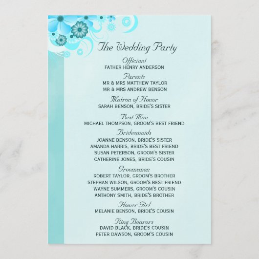 Light Aqua Blue Türkise Floral Wedding Program Programm (Rückseite)