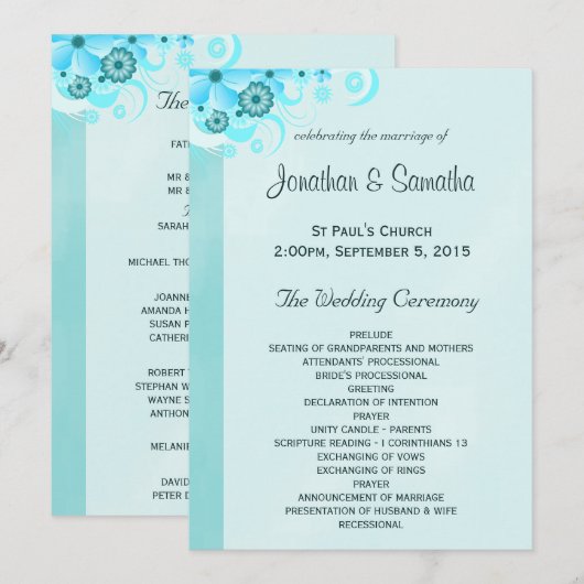 Light Aqua Blue Türkise Floral Wedding Program Programm (Vorne/Hinten)