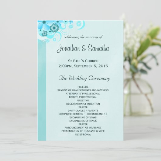 Light Aqua Blue Türkise Floral Wedding Program Programm (Stehend Vorderseite)