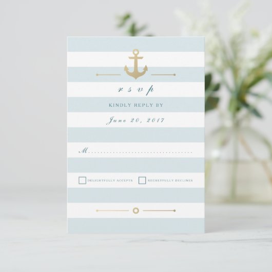 Light Aqua Strip Nautic Response RSVP Card Karte (Stehend Vorderseite)