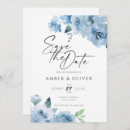 Light Baby Blue Floral Blume Boho Save the Date Einladung (Vorne/Hinten)
