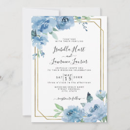 Light Baby Blue Floral Watercolor Gold Hochzeit Einladung