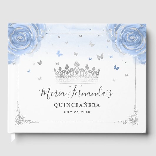 Light Baby Blue Rose und elegante Silver Crown Gästebuch (Vorderseite)
