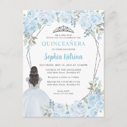 Light Baby Blue Silver Floral Princess Quinceañera Postkarte (Vorderseite)