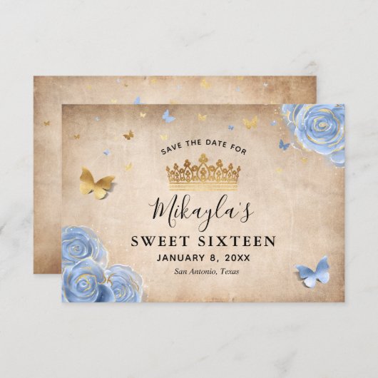 Light Baby Blue und Gold Rose Elegante Save The Date (Vorne/Hinten)