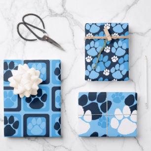 Light Baby Blue, White & Navy Blue Pawprint Geschenkpapier Set