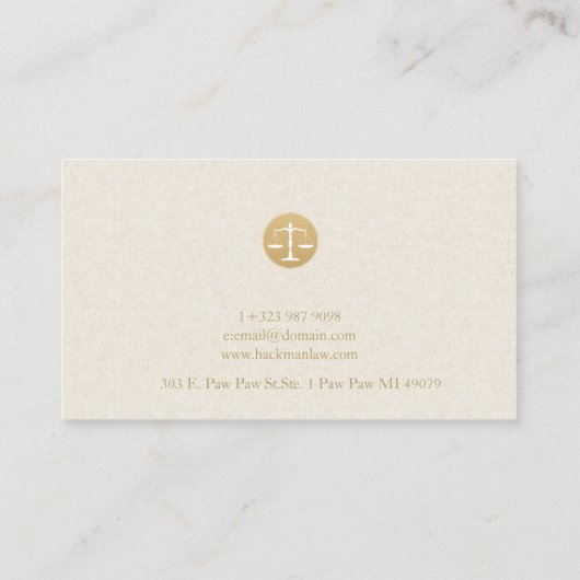 Light Beige Linen Gold Justice Logo Business Card Visitenkarte (Rückseite)