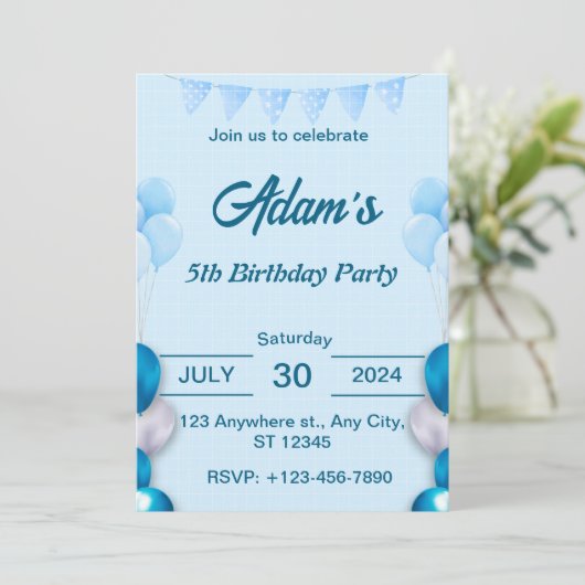 Light Blue 5. Geburtstag Einladung (Stehend Vorderseite)