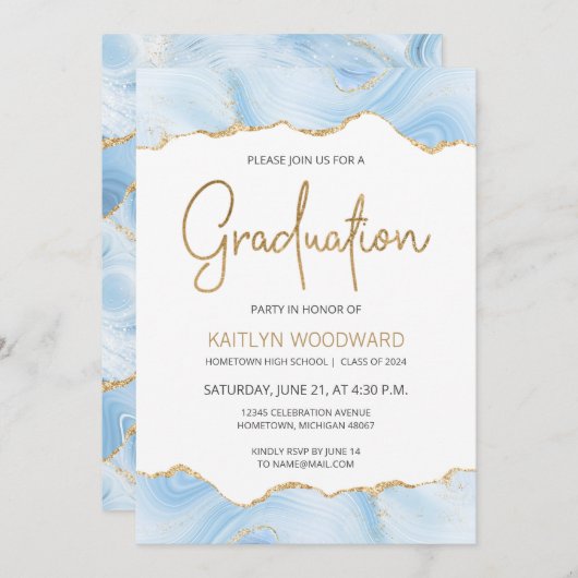 Light Blue Agate Gold Glitzer Graduation Party (Vorne/Hinten)