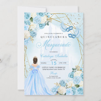 Light Blue Ainderella Masquerade Quinceanera Einladung