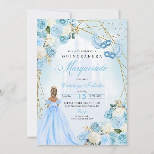 Light Blue Ainderella Masquerade Quinceanera Einladung (Vorderseite)