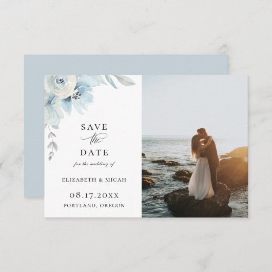 Light Blue Airy Floral Foto Save the Date Ankündigung (Vorne/Hinten)