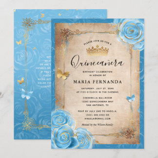 Light Blue and Gold Rose Einladung
