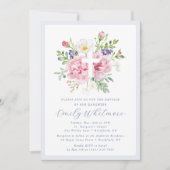 Light Blue and Pink Floral Cross Baptism Einladung (Vorderseite)