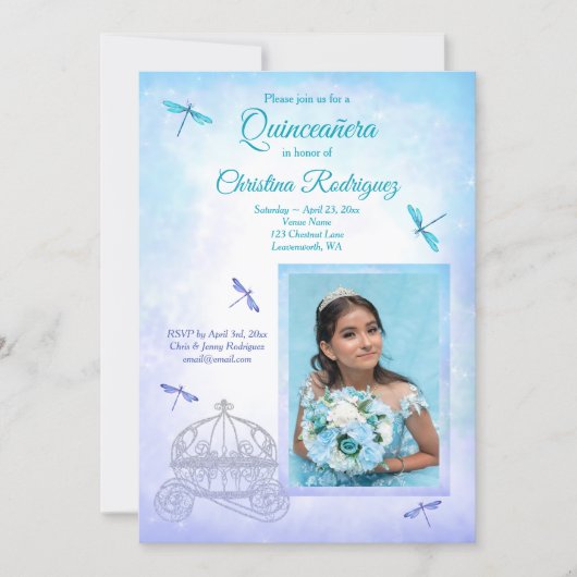 Light Blue and Turquoise, Carriage Quinceañera  Einladung (Vorderseite)