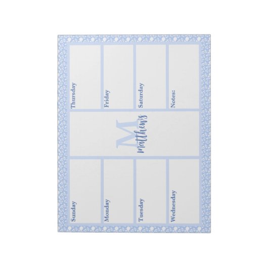 Light Blue and White Floral Weekly Planner Notepad Notizblock (Rotiert)