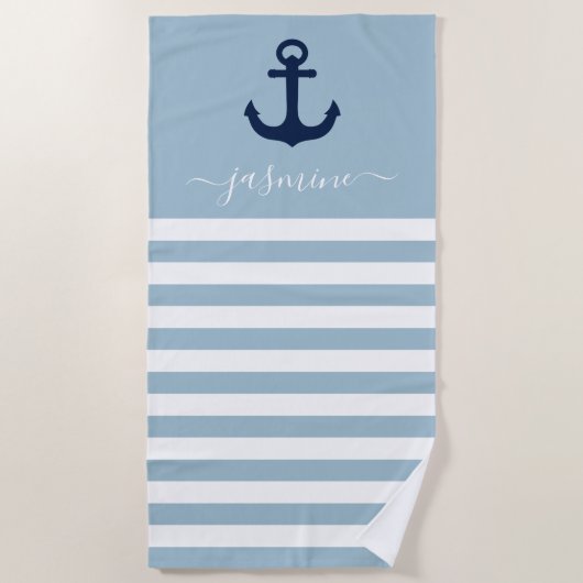 Light Blue and White Stripe Personalized Elegant Strandtuch (Vorderseite)