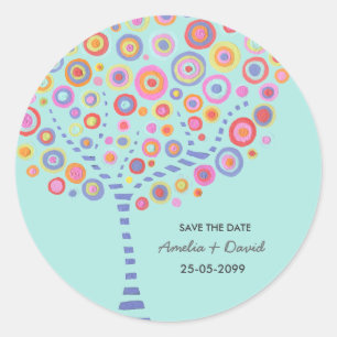 Light Blue Aqua Retro Circle Tree Save the Date Runder Aufkleber