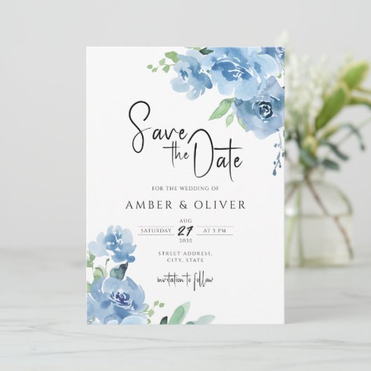 Light Blue Baby Blue Floral Blätter Save the Date Einladung (Stehend Vorderseite)