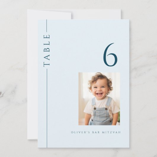 Light Blue Bar Mitzvah Tischnummer mit Foto (Vorderseite)
