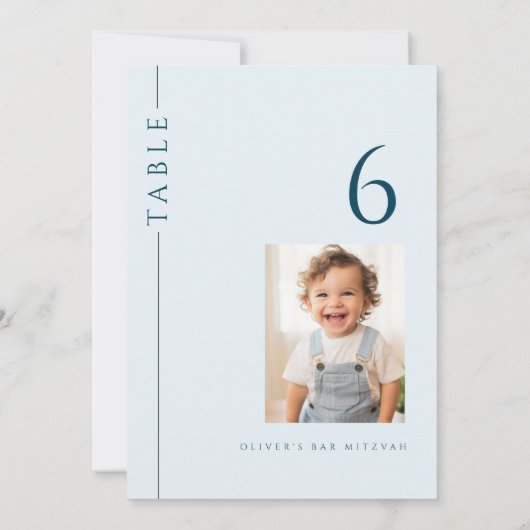 Light Blue Bar Mitzvah Tischnummer mit Foto (Rückseite)
