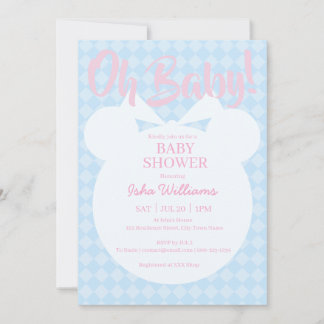 Light Blue Bear Pink Oh Baby Shower Invitation Einladung