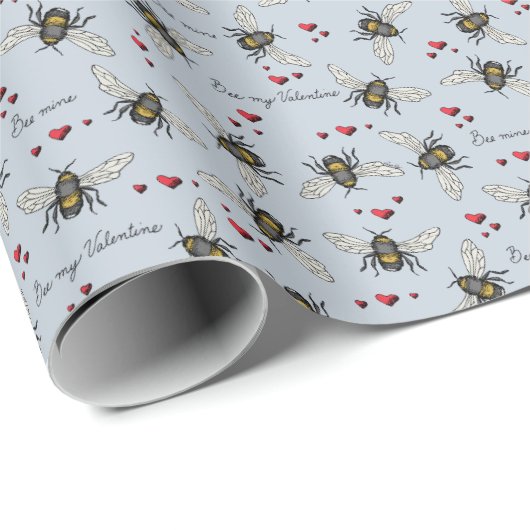 Light Blue Bee Mine/Be My Valentine Bees & Hearts Geschenkpapier (Rolleneckpunkt)
