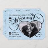 Light Blue & Black Heart Foto Hochzeit Einladung (Vorne/Hinten)
