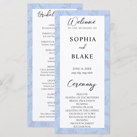 Light Blue Blätter and Foliage Wedding Program (Vorne/Hinten)