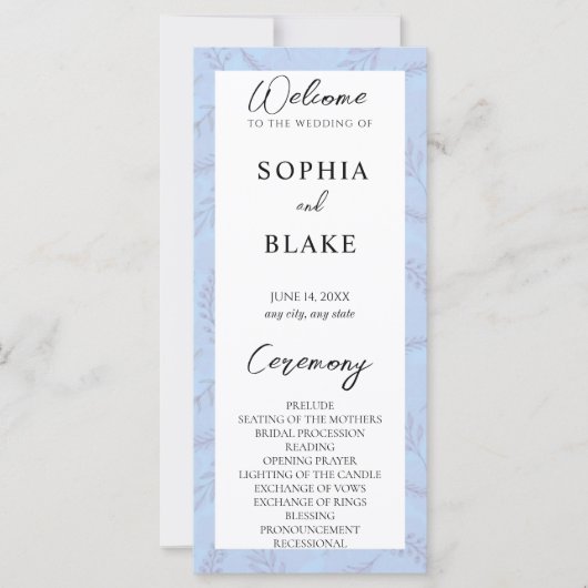 Light Blue Blätter and Foliage Wedding Program (Vorderseite)