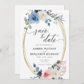 Light Blue Blush Dustrosa Blüten Save the Date Einladung (Vorne/Hinten)