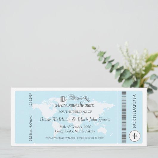 Light Blue Boarding Pass Save the Date (Stehend Vorderseite)