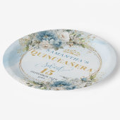 Light Blue Boho Floral Eucalyptus Gold Glitter Pappteller (Schrägansicht)