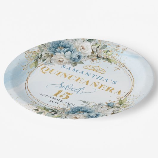 Light Blue Boho Floral Eucalyptus Gold Glitter  Pappteller (Schrägansicht)