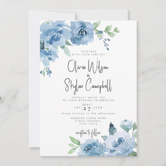 Light Blue Boho Floral QR Code Alles in einer Hoch Einladung (Vorderseite)